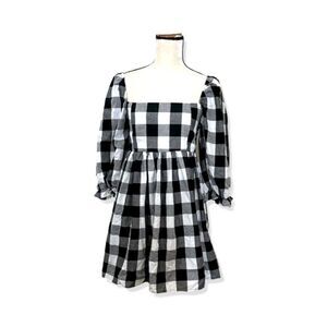 NWOT Shein Women's Black White Check Square Neck 3/4 Sleeve Mini Babydoll Dress